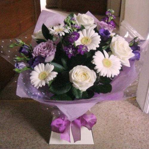 White and Purple Roses & Daisies Bouquet
