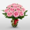 Pink Roses In a Vase with Red Ribbon