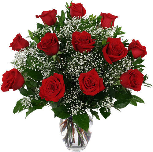 Red Rose Arrangement with Baby's Breath in a Vase