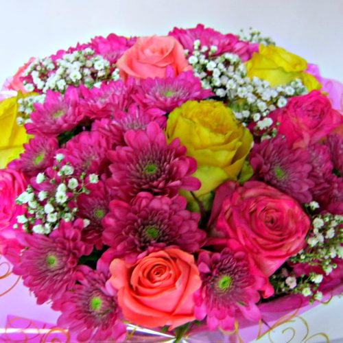 12 Fushia,Pink,Yellow Roses Vase Arrangement with Baby’s Breath