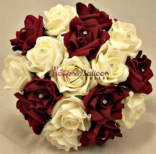 ARTIFICIAL WHITE BURGUNDY BOUQUET WITH DIAMANTE PINS