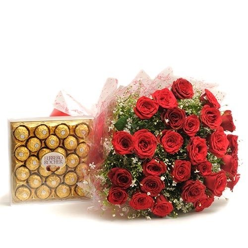 Rose bouquet and box chocolates