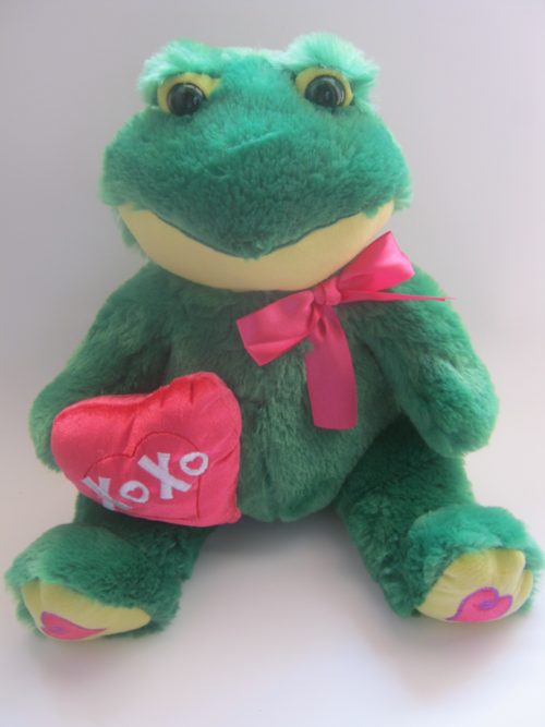 Green Frog Soft Teddy Bear carrying a pink heart