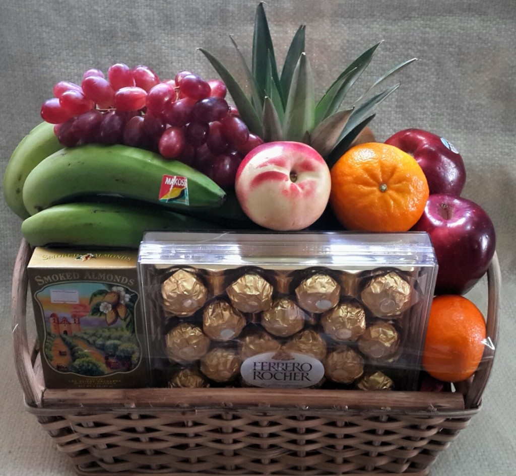 A basket filled with assorted fruits and nuts