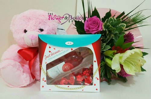 Gift Set of Flower Bouquet, Wine and Teddy
