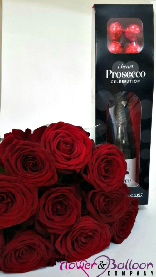 Bunch of Red Roses and Procecco wine gift