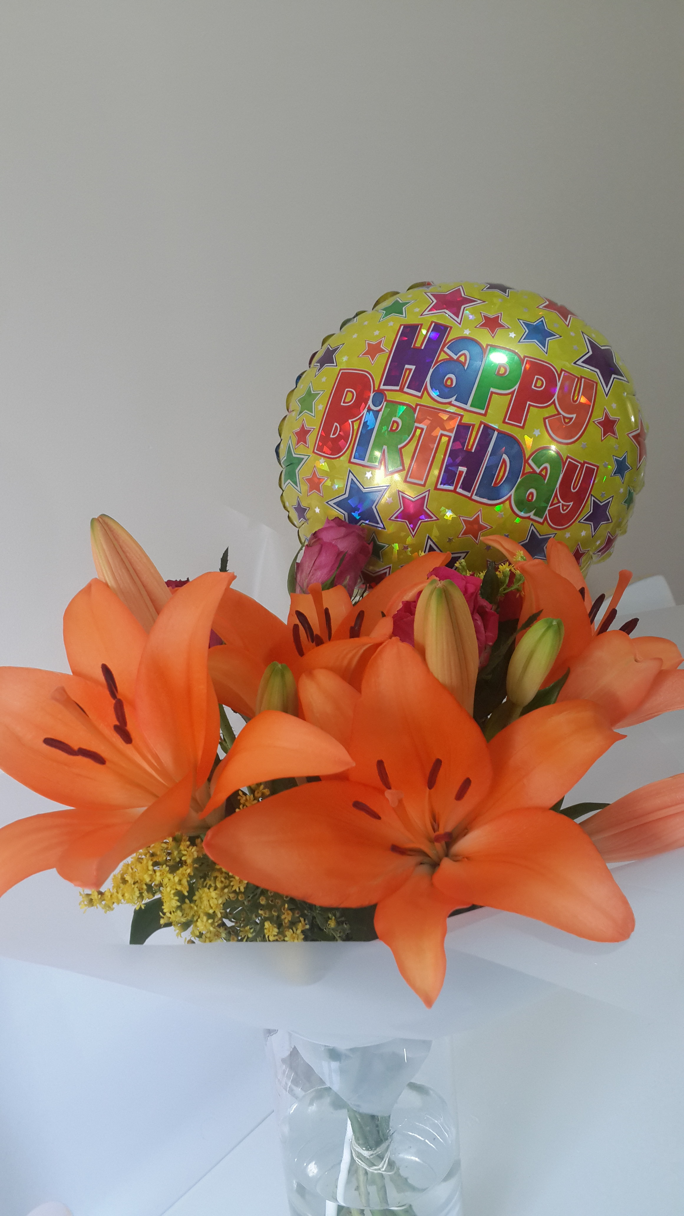 Orange Lilies In vase with Happy Birthday Balloon