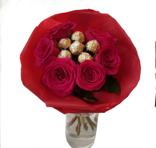 6 Red Rose Vase Bouquet with Ferrero Chocolates in the middle