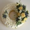White Chrysanths,Yellow Carnations & Lavender Wreath
