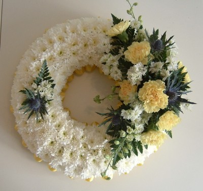 White Chrysanths,Yellow Carnations & Lavender Wreath