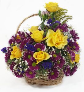yellow roses and chrysanthemum basket arrangement