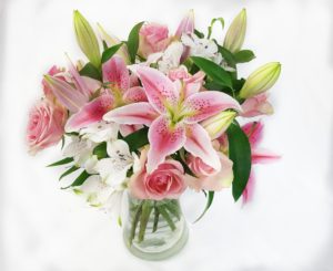 Flowers in a vase with Rose, Lily and Alstroemeria Mix