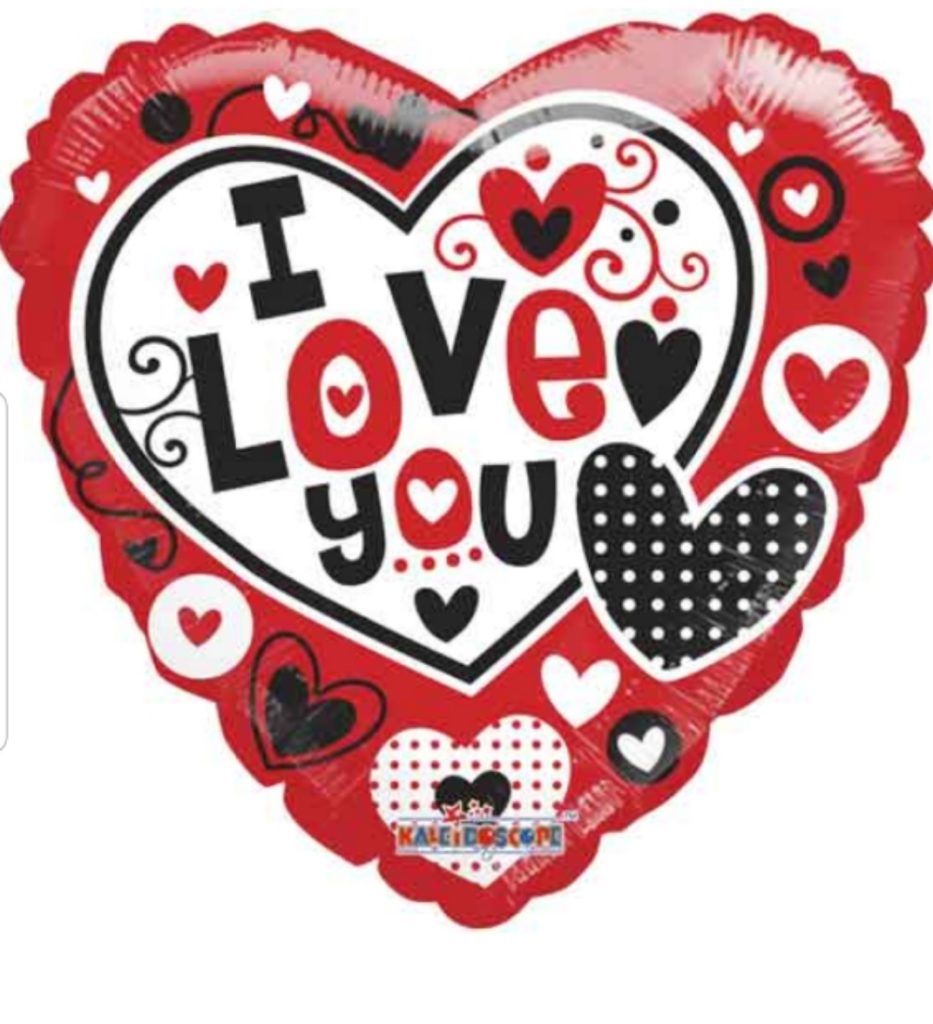 Heart shaped foil balloon with red and black heart design