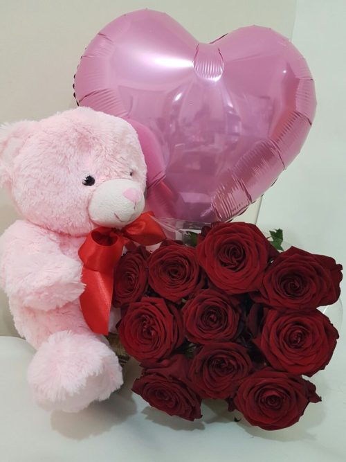 Gift Pack with Pink Teddy,Pink Balloon and roses bouquet