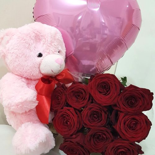 Red Roses bouquet ,Teddy and Balloon