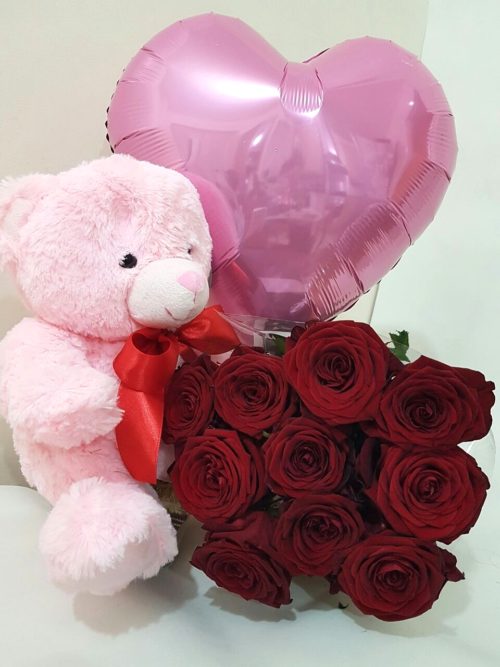 Red Roses bouquet ,Teddy and Balloon