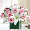White Roses and Lilies in square flower vase