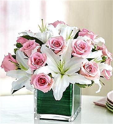 Pink Roses and Lilies Square Vase