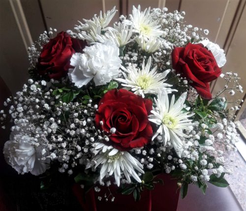 Red and white flower arranged in a box