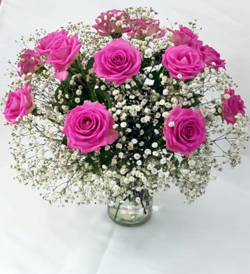 pink roses and gyposphila in a vase