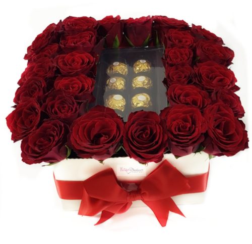 Roses and chocolate box-square box with chocolates and roses