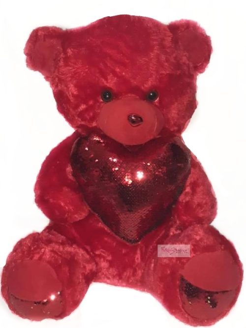Red Teddy Bear holding Sequined Heart