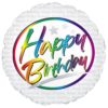 Round foil balloon with multi coloured happy birthday inscription