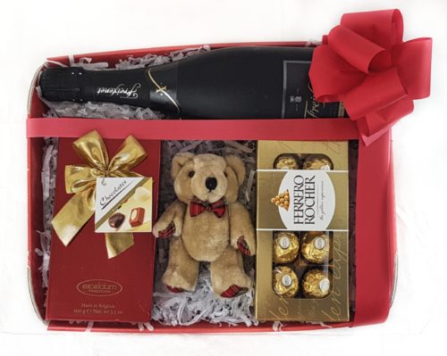 Red Hamper Box with a selection chocolate and Wine