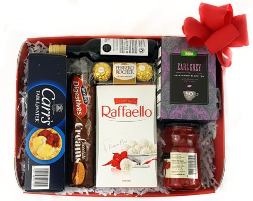 Hamper Box with a selection of chocolates snacks and wine