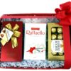 Red Hamper Box with three boxes of chocolate