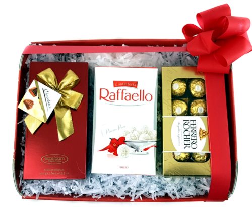 Red Hamper Box with three boxes of chocolate