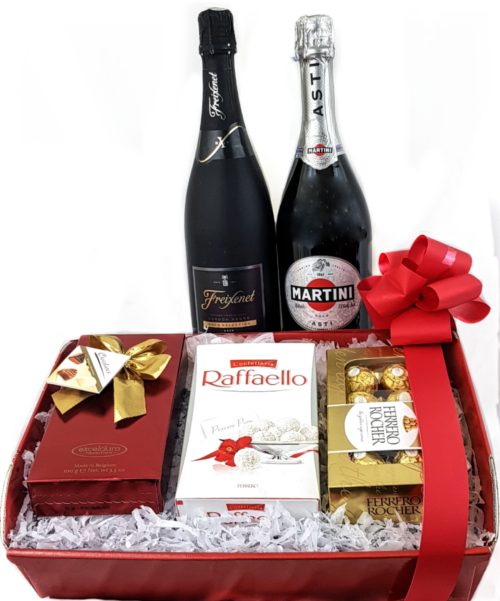 Red Hamper gift Box with Chocolates two wine bottles