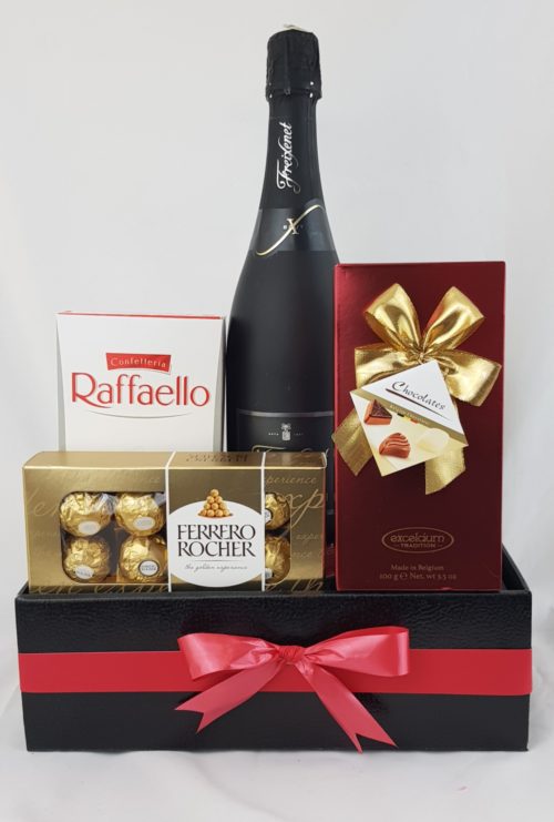 Black Gift Box with Chocolates and Wine