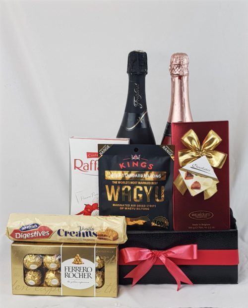 Black Gift Box with Chocolates, Biscuits and Wine