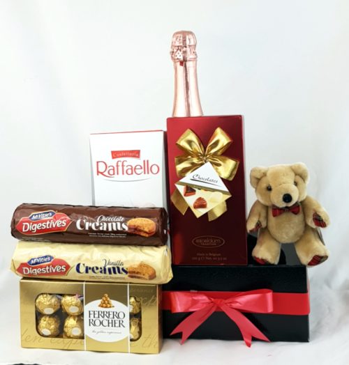 Black Hamper Box with Chocolate, Biscuit, Wine and Teddy