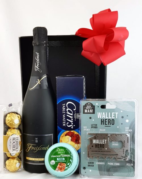 Black Gift Box with snacks, wine and Wallet tool