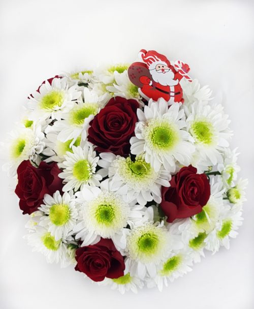 Flower Arrangement with Chrysanthemums and Red Roses