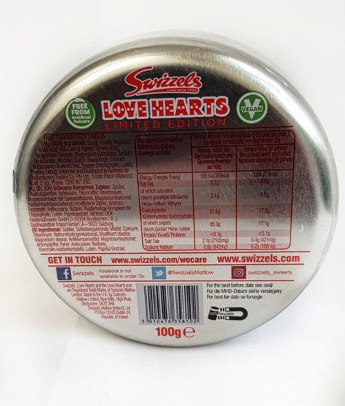 A tin on Swizzels love heart sweets