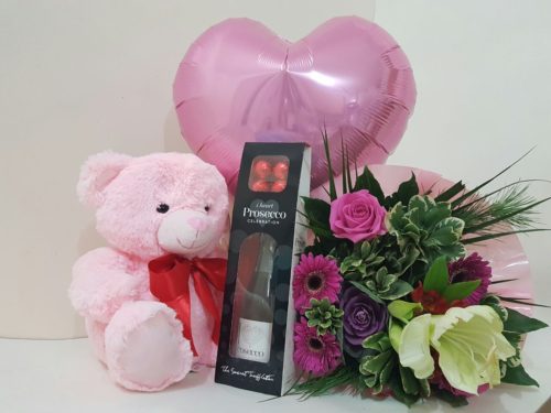 Florist Choice Bouquet, Helium Balloon, Wine & Chocolate Set