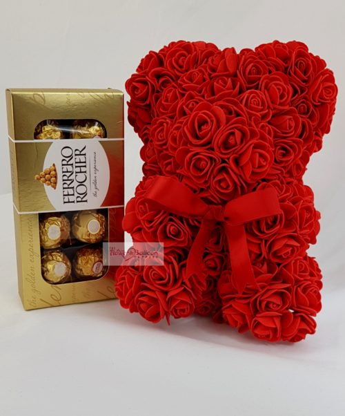 red rose teddy bear and pack fo chocolate